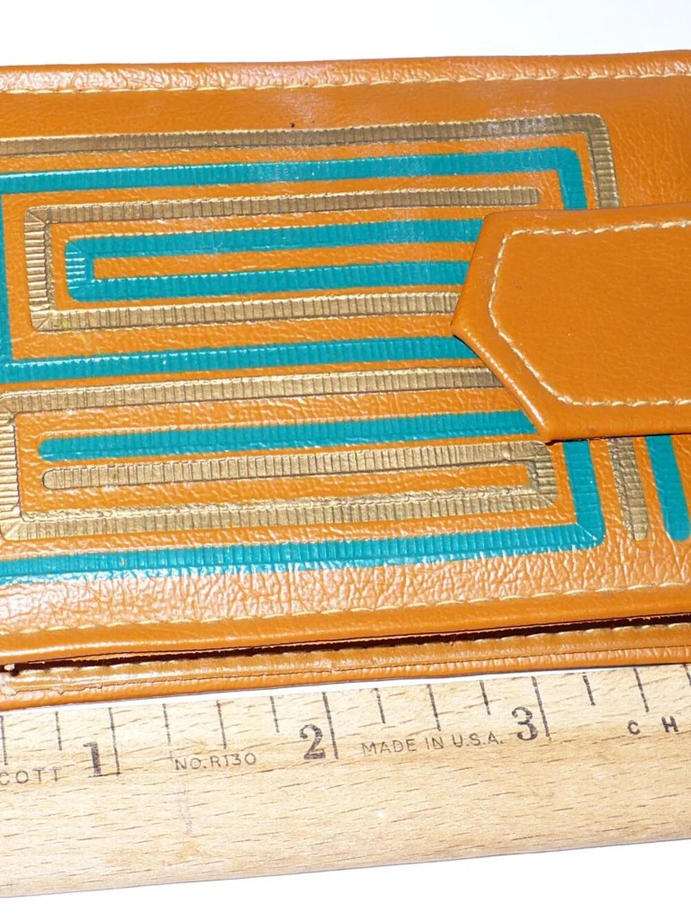 Vintage 1970's Brown Vinyl Billfold Pocket Wallet Green and Gold Design